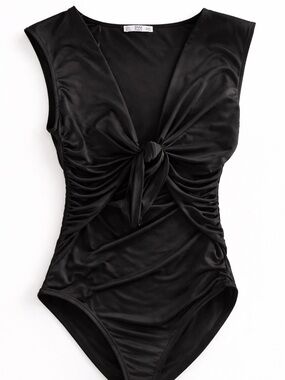 Zara Black Knot-Front Sleeveless Bodysuit